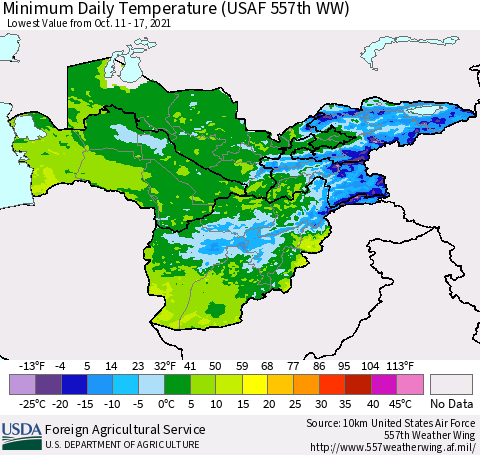Central Asia Minimum Daily Temperature (USAF 557th WW) Thematic Map For 10/11/2021 - 10/17/2021