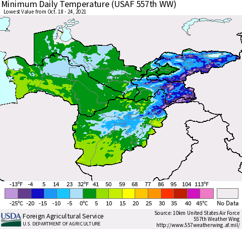 Central Asia Minimum Daily Temperature (USAF 557th WW) Thematic Map For 10/18/2021 - 10/24/2021