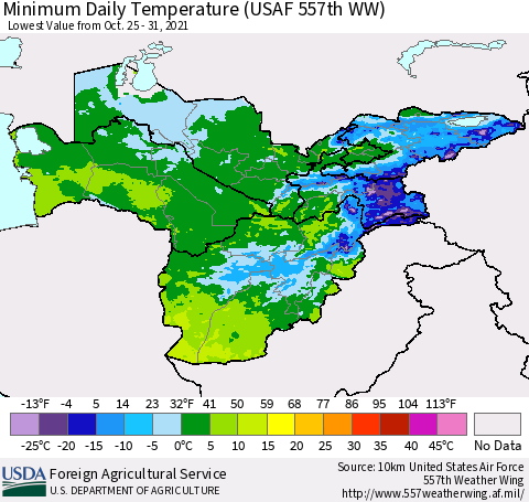 Central Asia Minimum Daily Temperature (USAF 557th WW) Thematic Map For 10/25/2021 - 10/31/2021