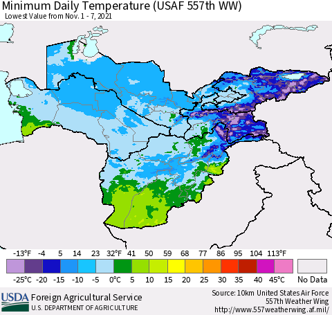 Central Asia Minimum Daily Temperature (USAF 557th WW) Thematic Map For 11/1/2021 - 11/7/2021