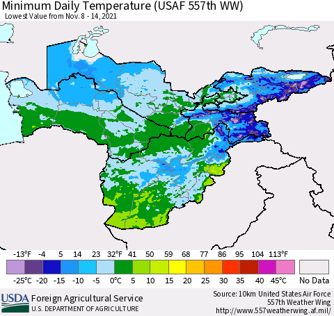 Central Asia Minimum Daily Temperature (USAF 557th WW) Thematic Map For 11/8/2021 - 11/14/2021