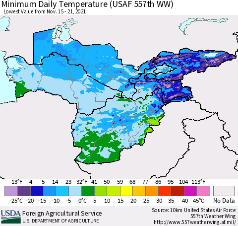 Central Asia Minimum Daily Temperature (USAF 557th WW) Thematic Map For 11/15/2021 - 11/21/2021