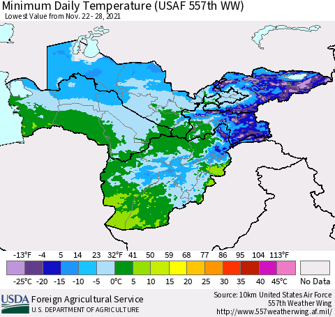 Central Asia Minimum Daily Temperature (USAF 557th WW) Thematic Map For 11/22/2021 - 11/28/2021