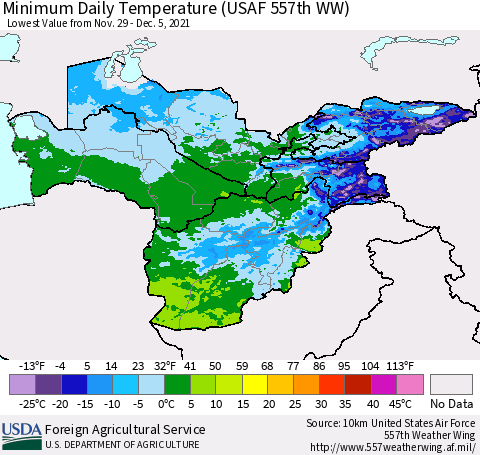 Central Asia Minimum Daily Temperature (USAF 557th WW) Thematic Map For 11/29/2021 - 12/5/2021