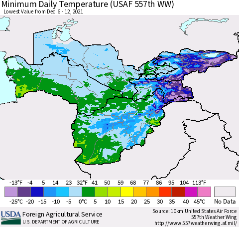 Central Asia Minimum Daily Temperature (USAF 557th WW) Thematic Map For 12/6/2021 - 12/12/2021