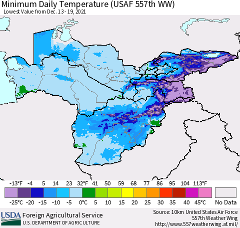 Central Asia Minimum Daily Temperature (USAF 557th WW) Thematic Map For 12/13/2021 - 12/19/2021