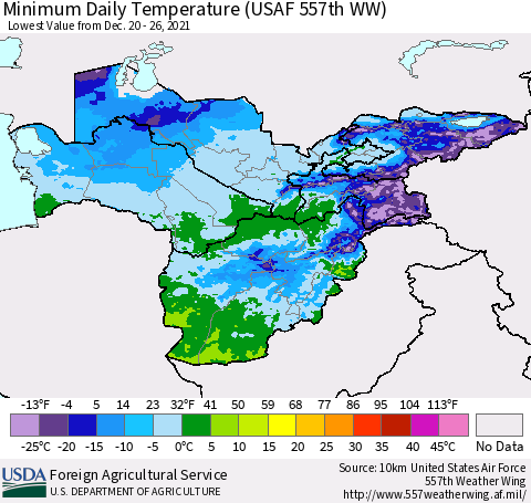 Central Asia Minimum Daily Temperature (USAF 557th WW) Thematic Map For 12/20/2021 - 12/26/2021