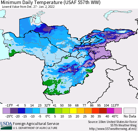 Central Asia Minimum Daily Temperature (USAF 557th WW) Thematic Map For 12/27/2021 - 1/2/2022