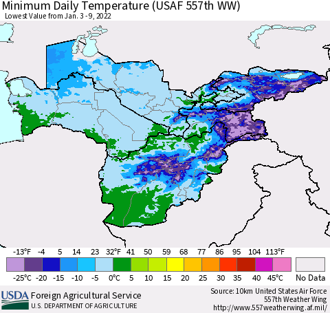 Central Asia Minimum Daily Temperature (USAF 557th WW) Thematic Map For 1/3/2022 - 1/9/2022