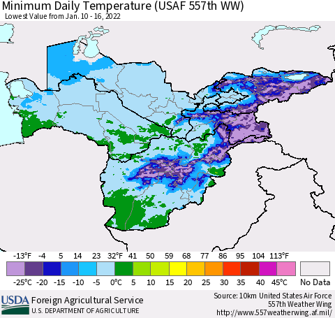 Central Asia Minimum Daily Temperature (USAF 557th WW) Thematic Map For 1/10/2022 - 1/16/2022