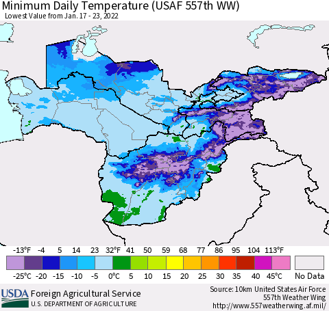 Central Asia Minimum Daily Temperature (USAF 557th WW) Thematic Map For 1/17/2022 - 1/23/2022