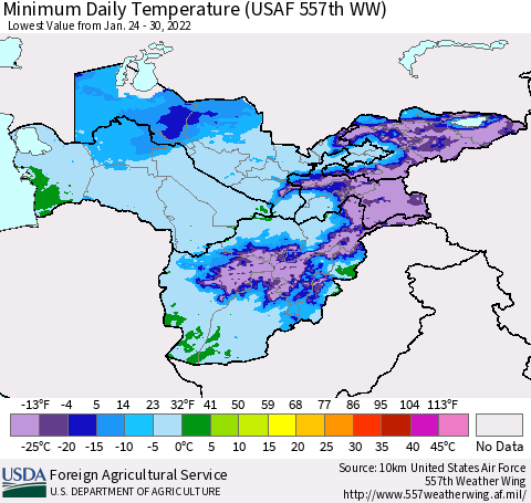 Central Asia Minimum Daily Temperature (USAF 557th WW) Thematic Map For 1/24/2022 - 1/30/2022