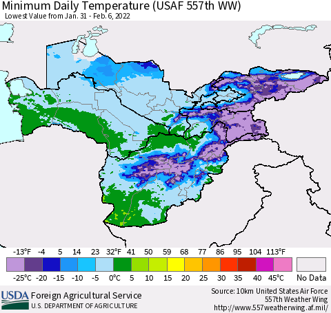 Central Asia Minimum Daily Temperature (USAF 557th WW) Thematic Map For 1/31/2022 - 2/6/2022