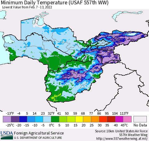 Central Asia Minimum Daily Temperature (USAF 557th WW) Thematic Map For 2/7/2022 - 2/13/2022