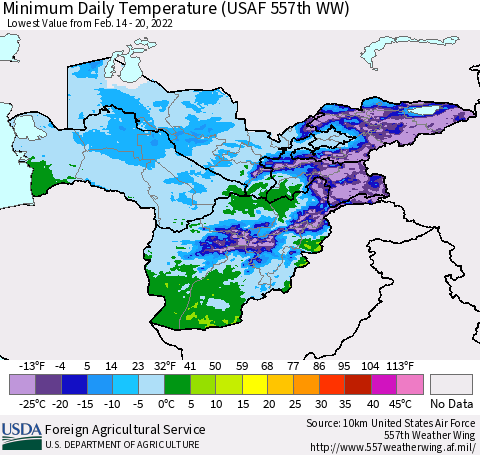 Central Asia Minimum Daily Temperature (USAF 557th WW) Thematic Map For 2/14/2022 - 2/20/2022
