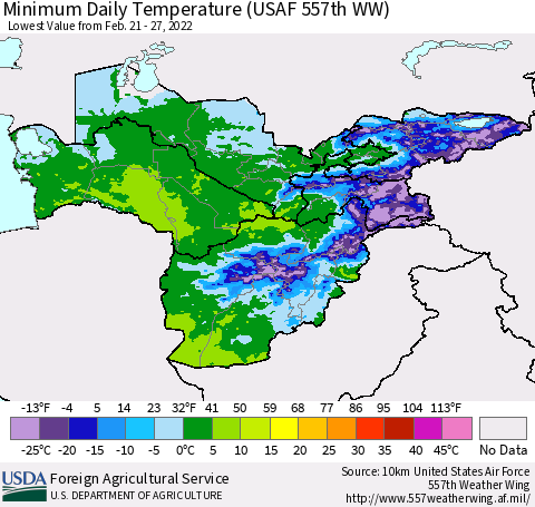 Central Asia Minimum Daily Temperature (USAF 557th WW) Thematic Map For 2/21/2022 - 2/27/2022