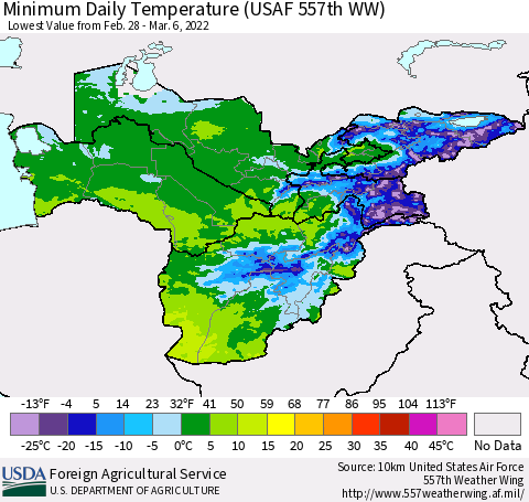 Central Asia Minimum Daily Temperature (USAF 557th WW) Thematic Map For 2/28/2022 - 3/6/2022