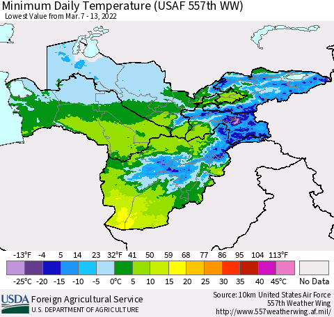 Central Asia Minimum Daily Temperature (USAF 557th WW) Thematic Map For 3/7/2022 - 3/13/2022
