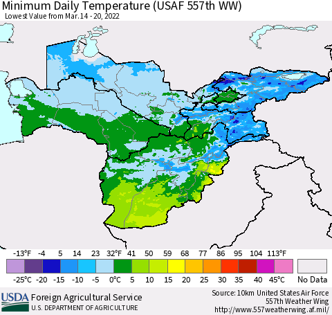 Central Asia Minimum Daily Temperature (USAF 557th WW) Thematic Map For 3/14/2022 - 3/20/2022