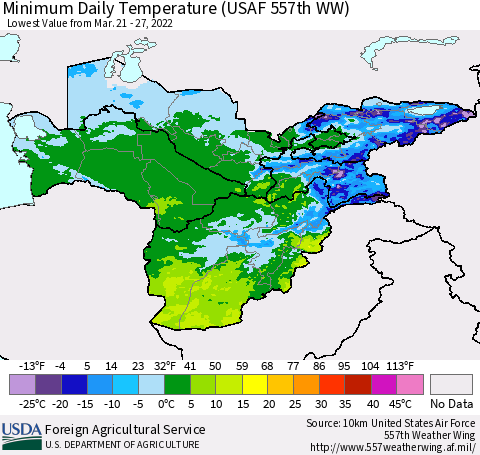Central Asia Minimum Daily Temperature (USAF 557th WW) Thematic Map For 3/21/2022 - 3/27/2022
