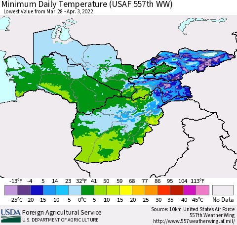 Central Asia Minimum Daily Temperature (USAF 557th WW) Thematic Map For 3/28/2022 - 4/3/2022