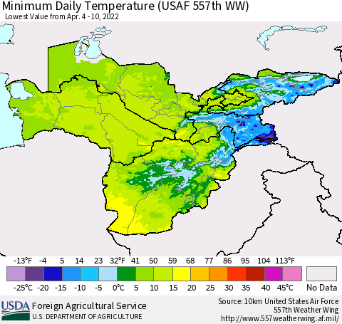 Central Asia Minimum Daily Temperature (USAF 557th WW) Thematic Map For 4/4/2022 - 4/10/2022