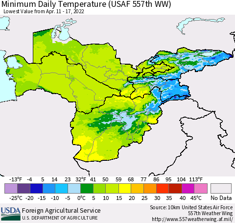 Central Asia Minimum Daily Temperature (USAF 557th WW) Thematic Map For 4/11/2022 - 4/17/2022