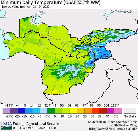 Central Asia Minimum Daily Temperature (USAF 557th WW) Thematic Map For 4/18/2022 - 4/24/2022