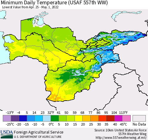 Central Asia Minimum Daily Temperature (USAF 557th WW) Thematic Map For 4/25/2022 - 5/1/2022