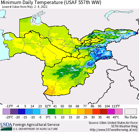 Central Asia Minimum Daily Temperature (USAF 557th WW) Thematic Map For 5/2/2022 - 5/8/2022