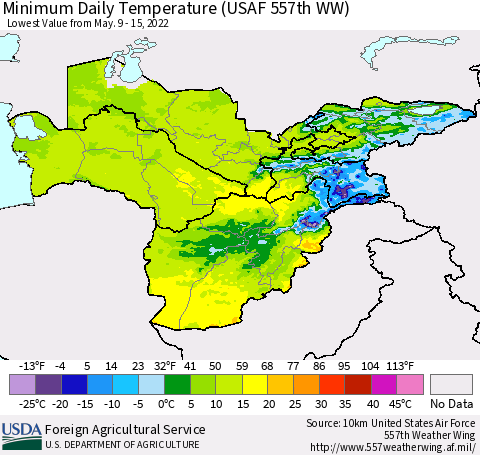 Central Asia Minimum Daily Temperature (USAF 557th WW) Thematic Map For 5/9/2022 - 5/15/2022