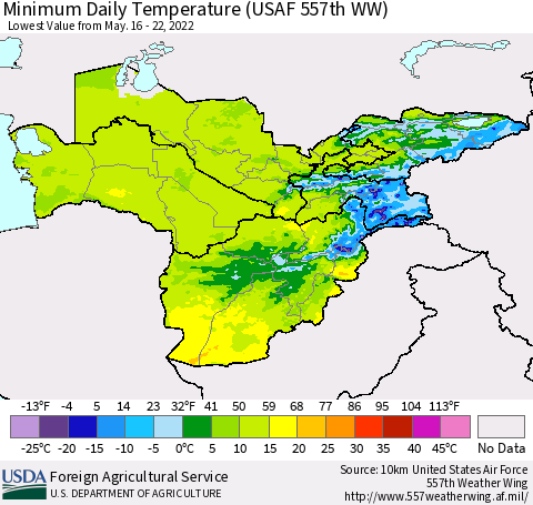 Central Asia Minimum Daily Temperature (USAF 557th WW) Thematic Map For 5/16/2022 - 5/22/2022