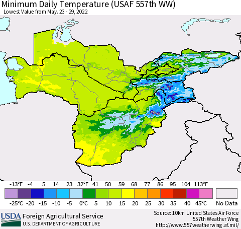 Central Asia Minimum Daily Temperature (USAF 557th WW) Thematic Map For 5/23/2022 - 5/29/2022