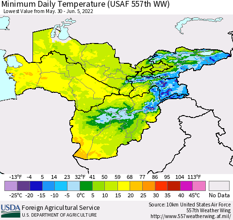 Central Asia Minimum Daily Temperature (USAF 557th WW) Thematic Map For 5/30/2022 - 6/5/2022