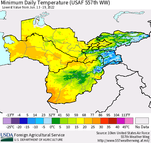 Central Asia Minimum Daily Temperature (USAF 557th WW) Thematic Map For 6/13/2022 - 6/19/2022
