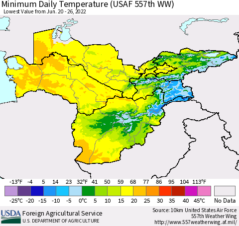 Central Asia Minimum Daily Temperature (USAF 557th WW) Thematic Map For 6/20/2022 - 6/26/2022