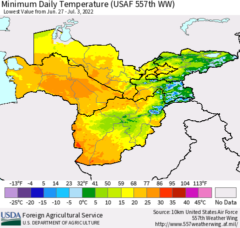 Central Asia Minimum Daily Temperature (USAF 557th WW) Thematic Map For 6/27/2022 - 7/3/2022