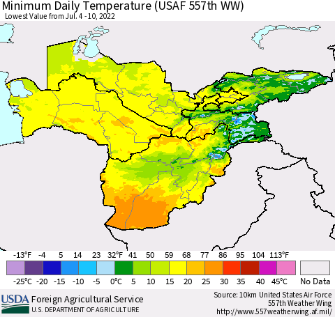Central Asia Minimum Daily Temperature (USAF 557th WW) Thematic Map For 7/4/2022 - 7/10/2022