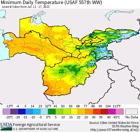 Central Asia Minimum Daily Temperature (USAF 557th WW) Thematic Map For 7/11/2022 - 7/17/2022