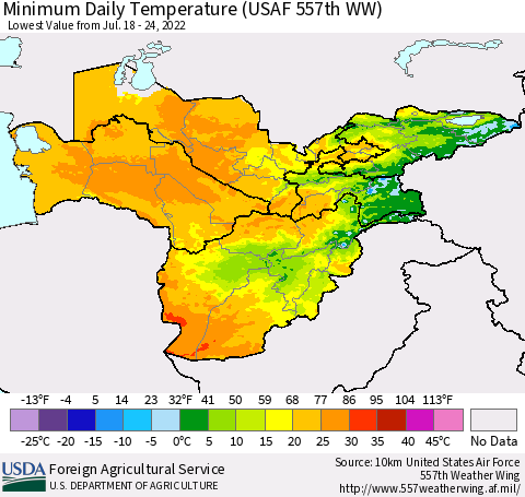 Central Asia Minimum Daily Temperature (USAF 557th WW) Thematic Map For 7/18/2022 - 7/24/2022