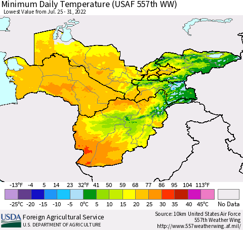 Central Asia Minimum Daily Temperature (USAF 557th WW) Thematic Map For 7/25/2022 - 7/31/2022