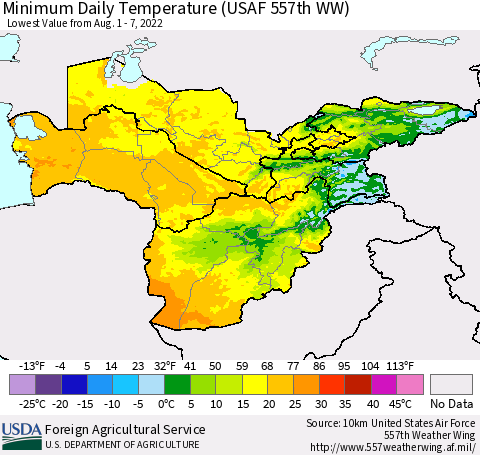Central Asia Minimum Daily Temperature (USAF 557th WW) Thematic Map For 8/1/2022 - 8/7/2022