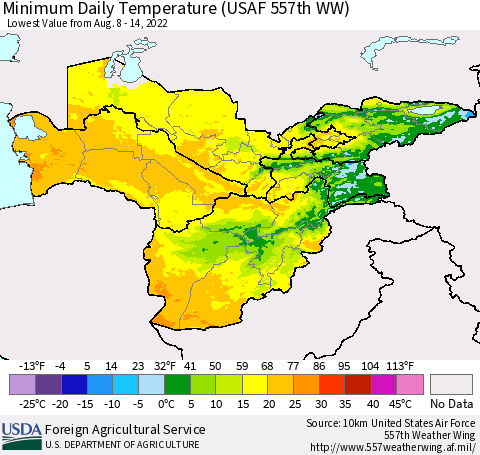 Central Asia Minimum Daily Temperature (USAF 557th WW) Thematic Map For 8/8/2022 - 8/14/2022