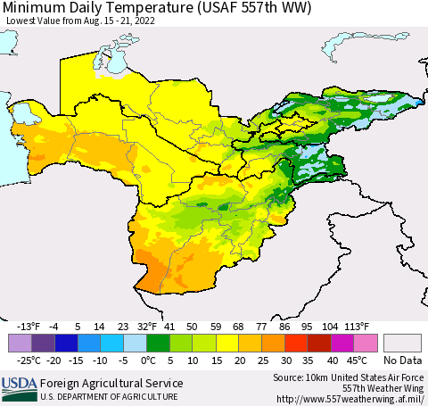 Central Asia Minimum Daily Temperature (USAF 557th WW) Thematic Map For 8/15/2022 - 8/21/2022