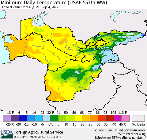 Central Asia Minimum Daily Temperature (USAF 557th WW) Thematic Map For 8/29/2022 - 9/4/2022