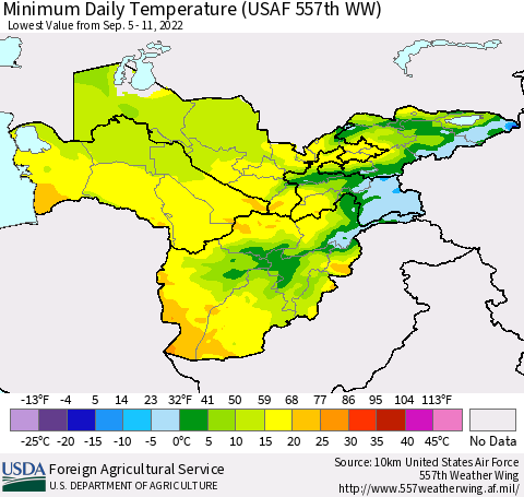 Central Asia Minimum Daily Temperature (USAF 557th WW) Thematic Map For 9/5/2022 - 9/11/2022