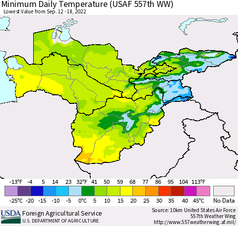 Central Asia Minimum Daily Temperature (USAF 557th WW) Thematic Map For 9/12/2022 - 9/18/2022