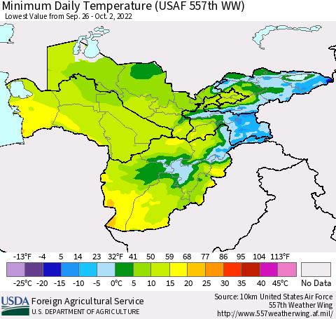 Central Asia Minimum Daily Temperature (USAF 557th WW) Thematic Map For 9/26/2022 - 10/2/2022