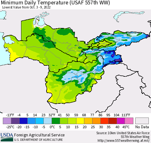 Central Asia Minimum Daily Temperature (USAF 557th WW) Thematic Map For 10/3/2022 - 10/9/2022