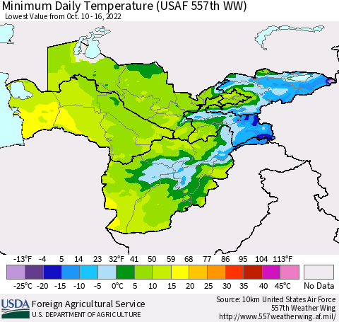 Central Asia Minimum Daily Temperature (USAF 557th WW) Thematic Map For 10/10/2022 - 10/16/2022